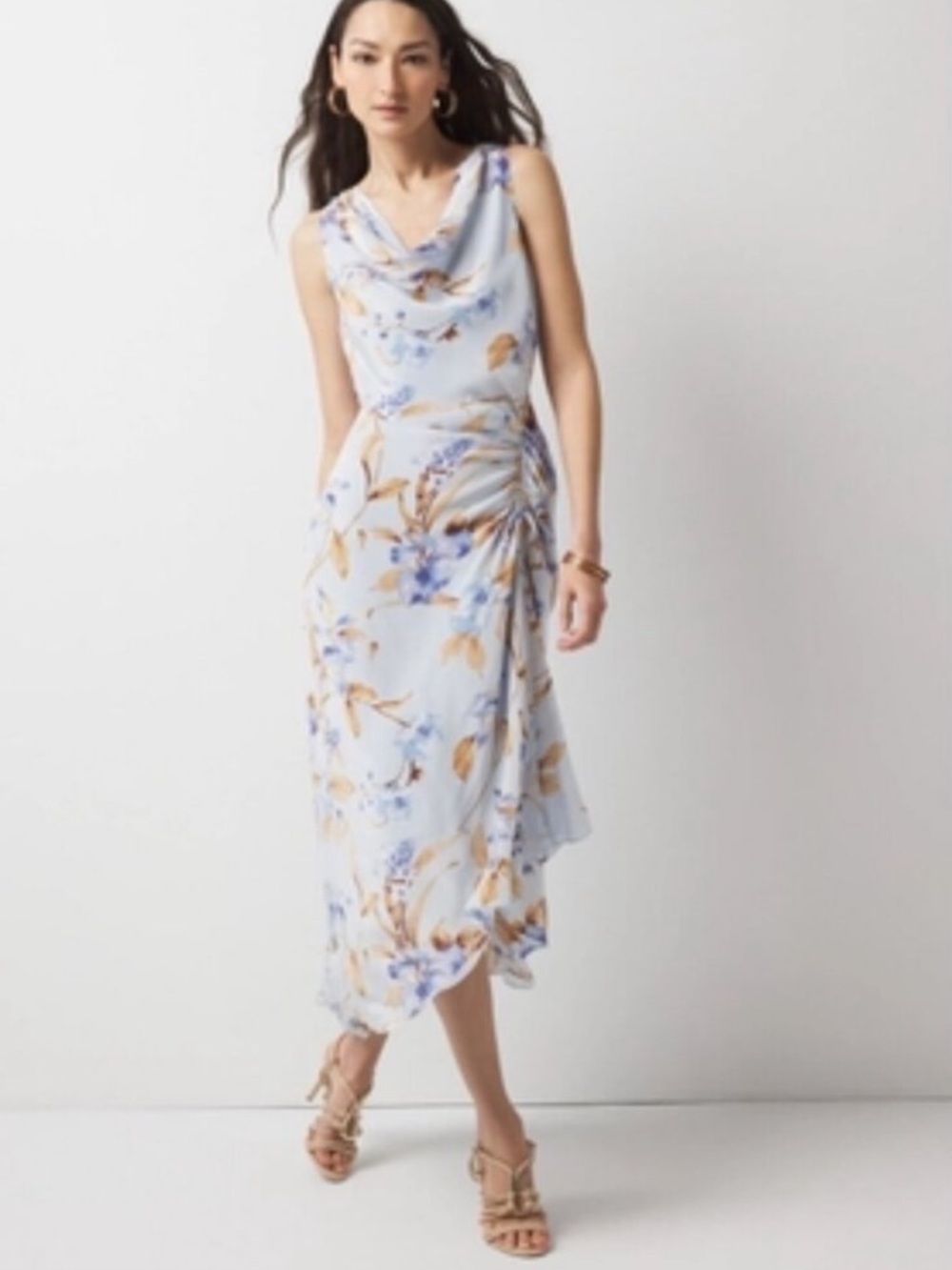 WHBM Cowl Neck Ruched Midi Dress in Blue Size 8 NWT